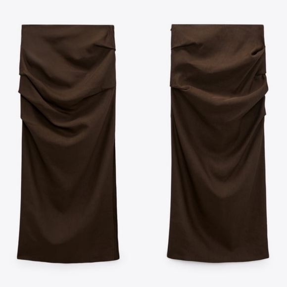 New Zara Draped High Waist Linen Blend Limited Edition Brown Midi Skirt Small - Picture 5 of 12